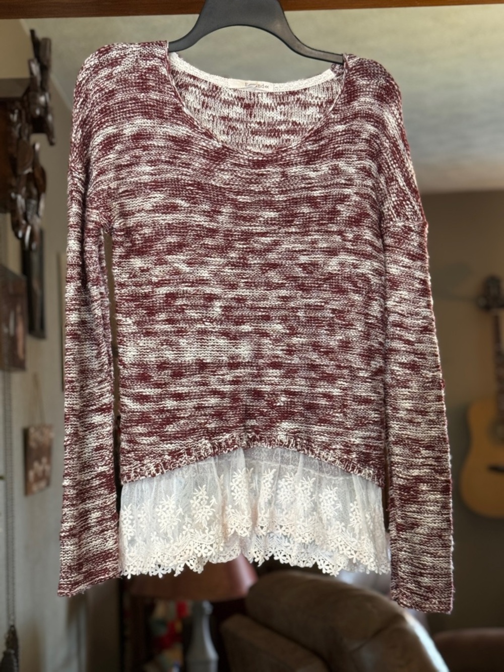 Rewind Marled Burgundy and White Knit Top with Lace Trim